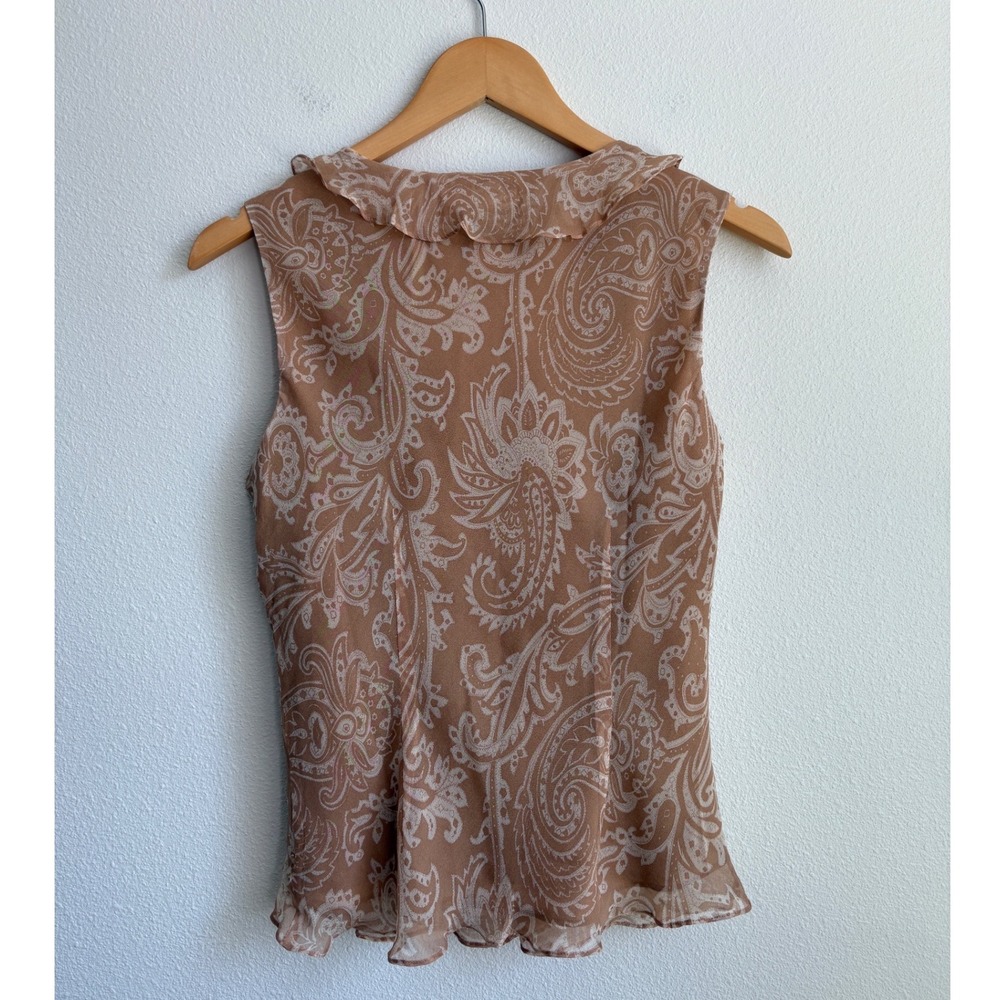 ICE Womens Silk Paisley Beaded Ruffle Tie Front Sleeveless Blouse Tan Cream M - Picture 2 of 5